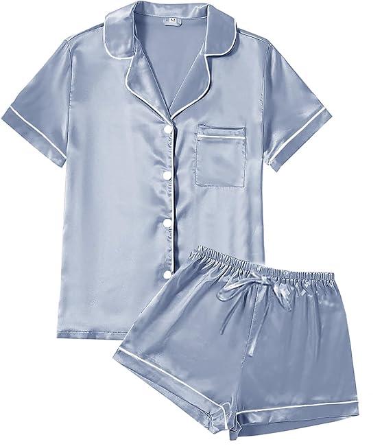 Womens Satin Silky Pajama Sets Short Sleeve Sleepwear/ Colors