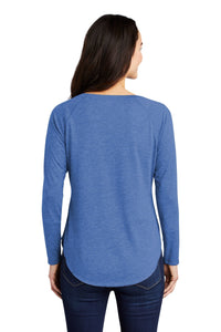 Ladies Long Sleeve Tri-Blend Wicking Scoop Neck Raglan Tee / Royal Heather / Grassfield Elementary School Staff