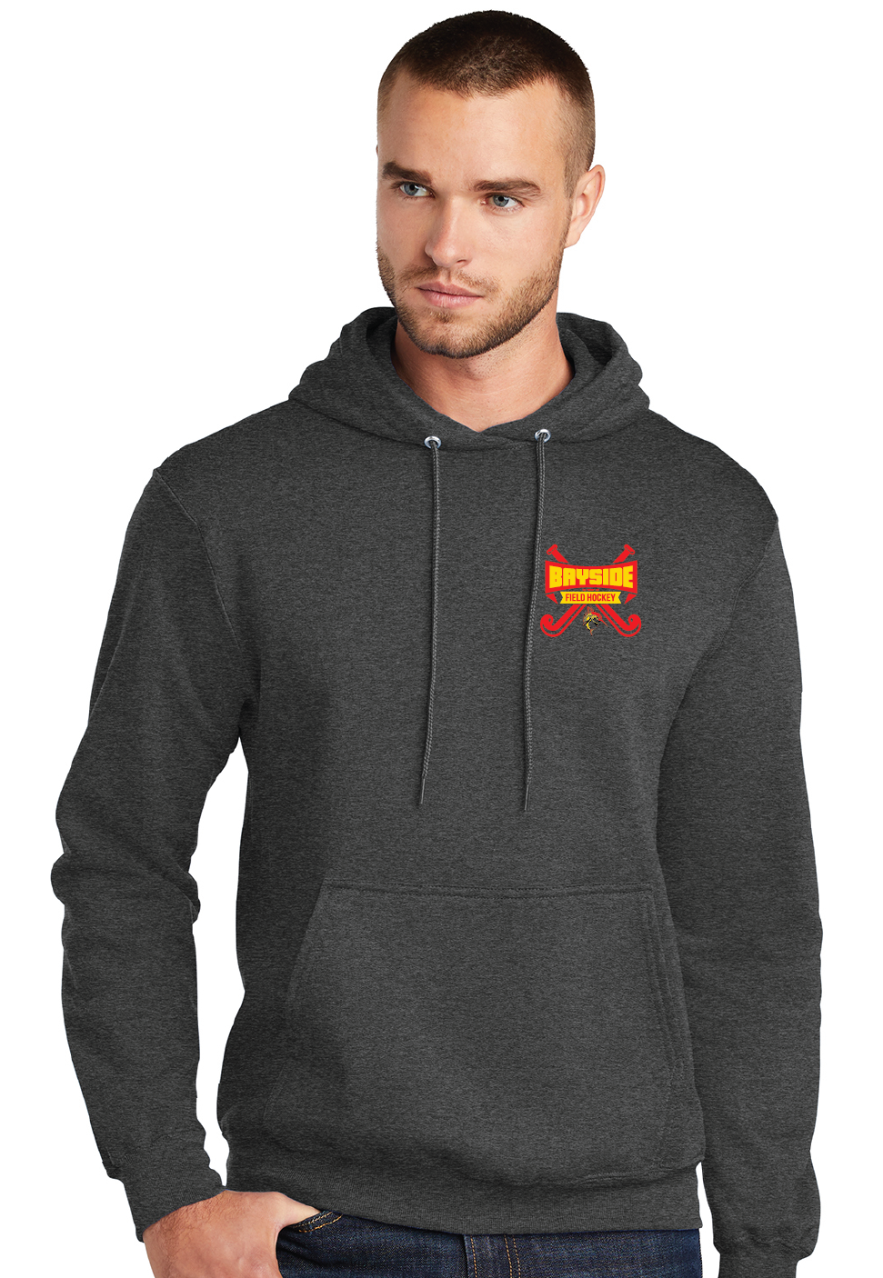 Core Fleece Pullover Hooded Sweatshirt / Dark Heather Charcoal / Bayside High School Field Hockey