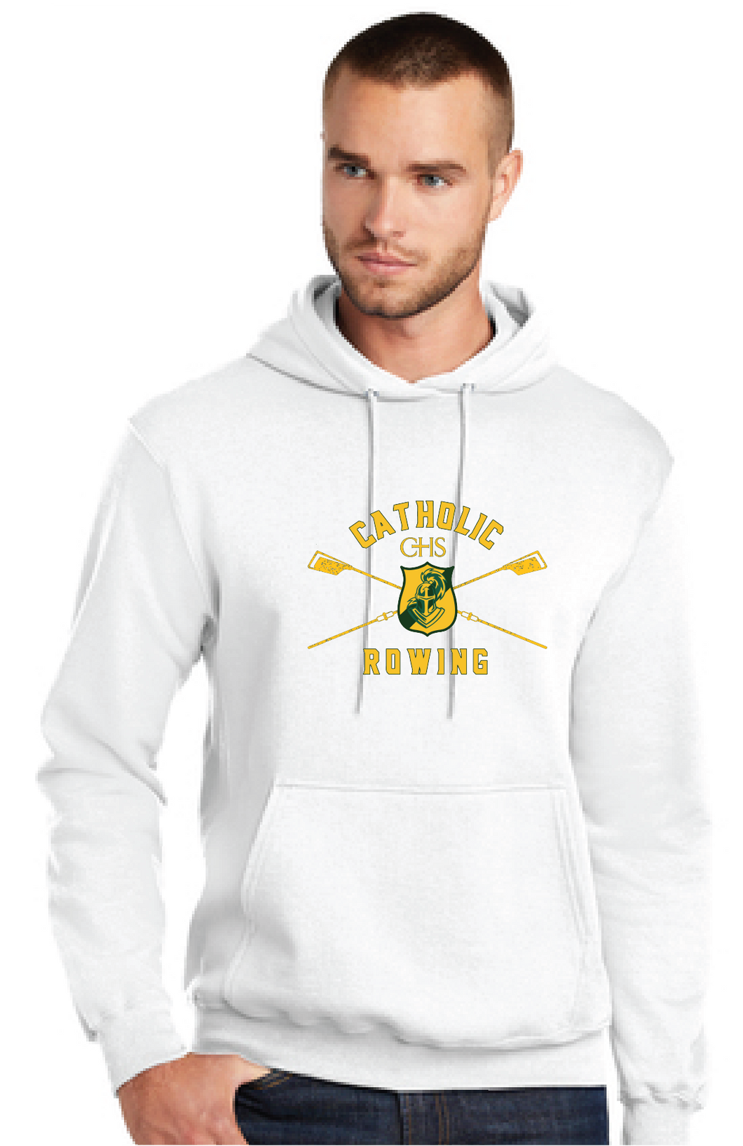 Fleece Pullover Hooded Sweatshirt / White / Catholic High School Rowing Team