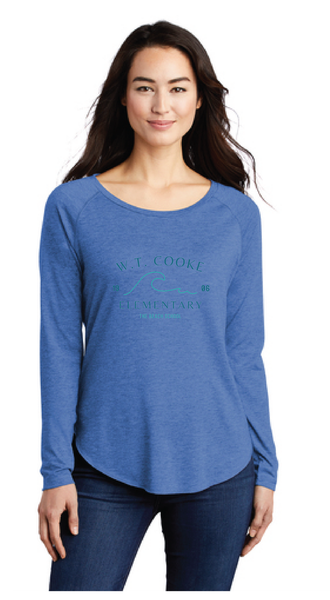 Ladies Long Sleeve Tri-Blend Wicking Scoop Neck Raglan Tee / Royal Heather / Cooke Elementary School Staff