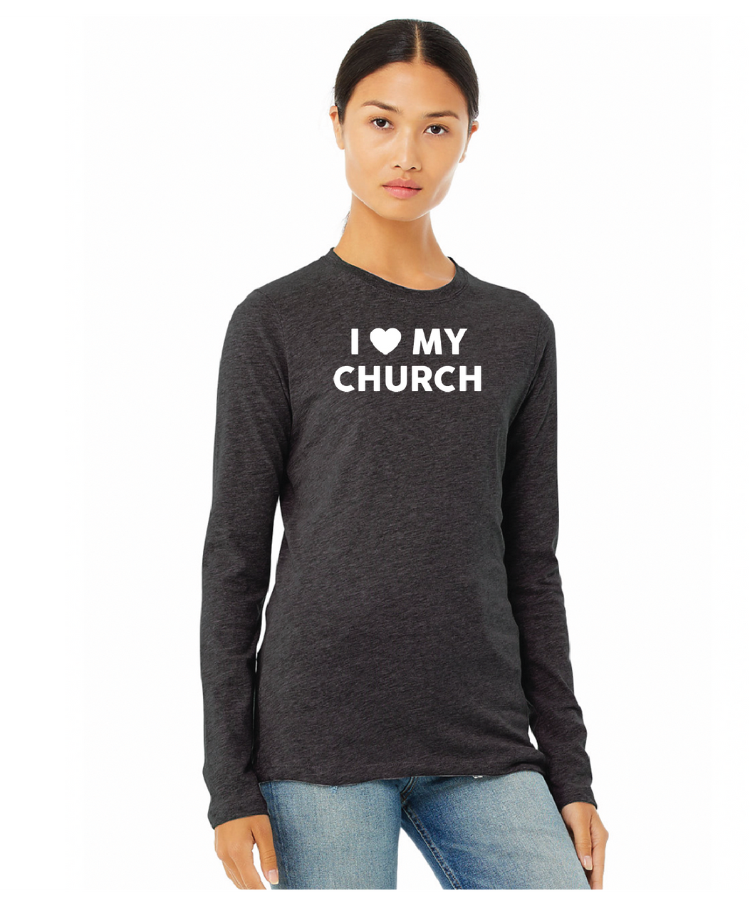 Women’s Jersey Long Sleeve Tee / Dark Grey Heather / Essential Church