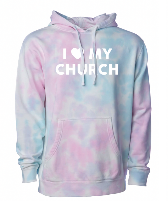 I ❤️ My Church Midweight Tie-Dyed Hooded Sweatshirt / Cotton Candy / Essential Church