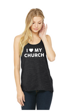 Women's Flowy Racerback Tank- Essential Logo / Charcoal Black Slub / Essential Church