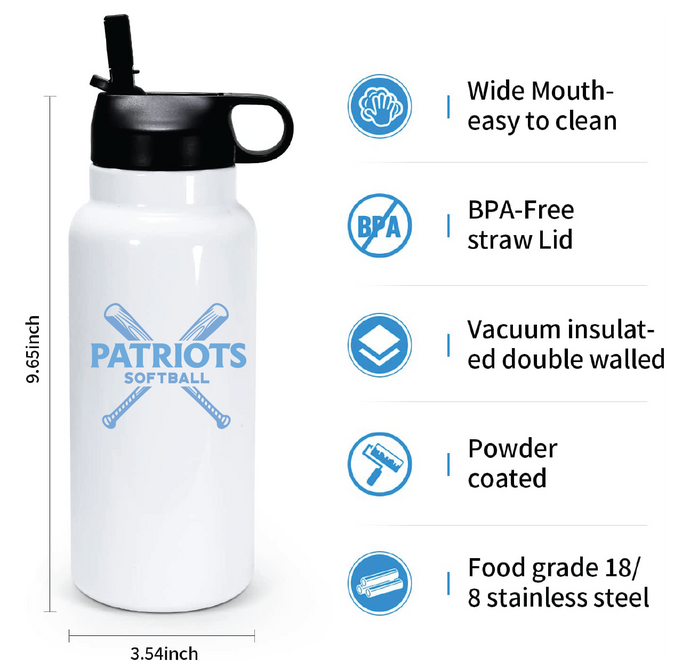 32 oz Double Wall Stainless Steel Water Bottle  / White / First Colonial High School Softball