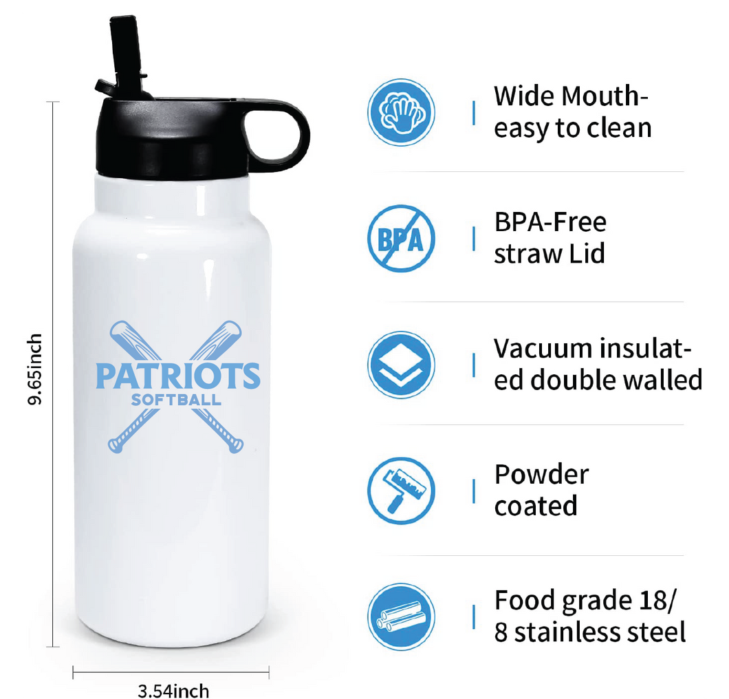 32 oz Double Wall Stainless Steel Water Bottle  / White / First Colonial High School Softball