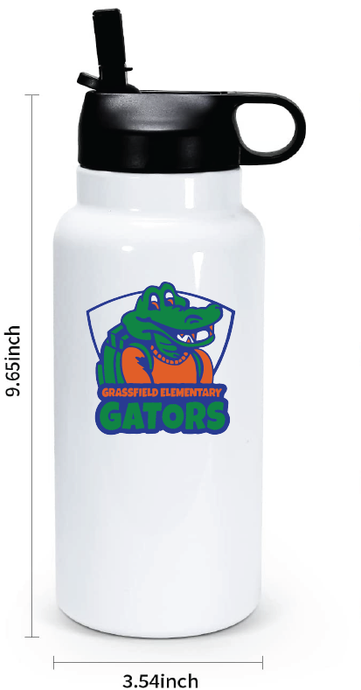 32oz Stainless Steel Water Bottle / White / Grassfield Elementary School