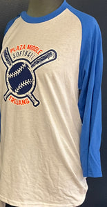 Plaza Middle School Softball/3/4 Long Sleeve Shirt/White with Blue Sleeves