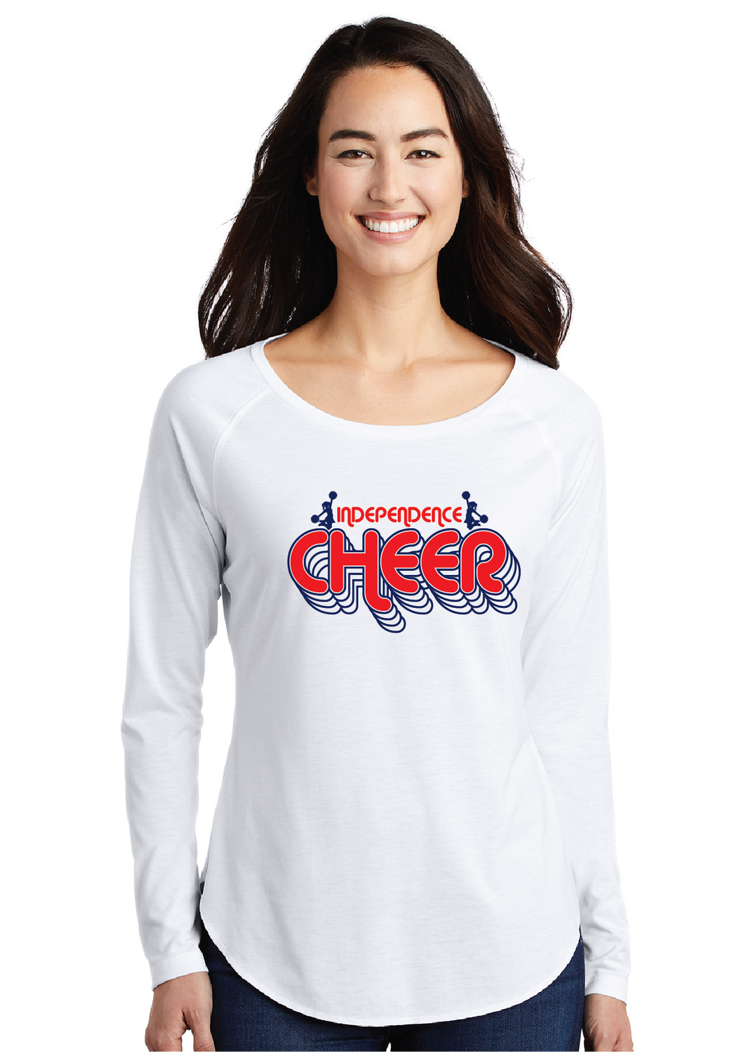 Ladies Long Sleeve Tri-Blend Wicking Scoop Neck Raglan Tee / White / Independence Middle School Cheer