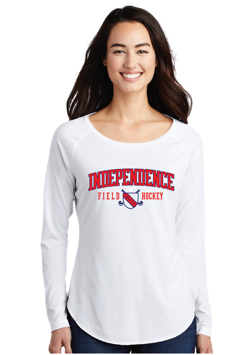 Ladies Long Sleeve Tri-Blend Wicking Scoop Neck Raglan Tee / White / Independence Middle School Field Hockey