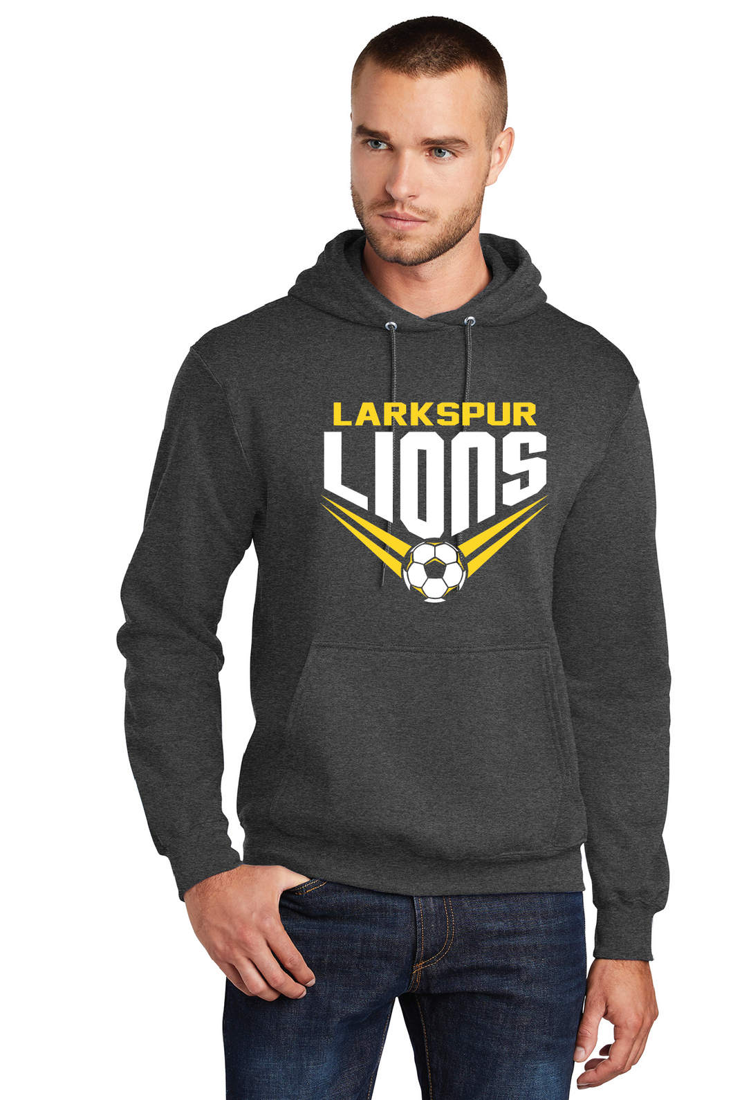 Fleece Pullover Hooded Sweatshirt / Dark Heather Grey / Larkspur Middle School Boys Soccer