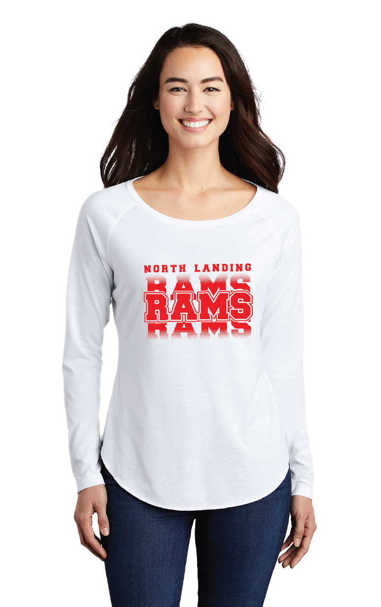 Ladies Long Sleeve Tri-Blend Wicking Scoop Neck Raglan Tee / White / North Landing Elementary School Staff