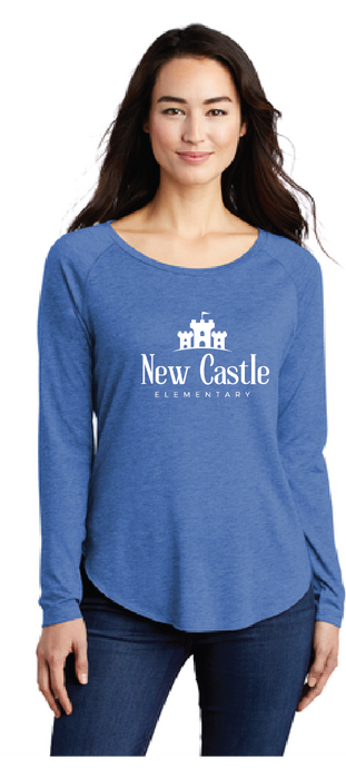 Ladies Long Sleeve Tri-Blend Wicking Scoop Neck Raglan Tee / Royal Heather / New Castle Elementary School Staff