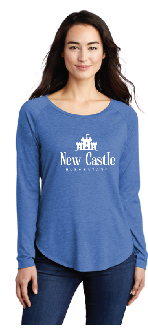 Ladies Long Sleeve Tri-Blend Wicking Scoop Neck Raglan Tee / Royal Heather / New Castle Elementary School Staff