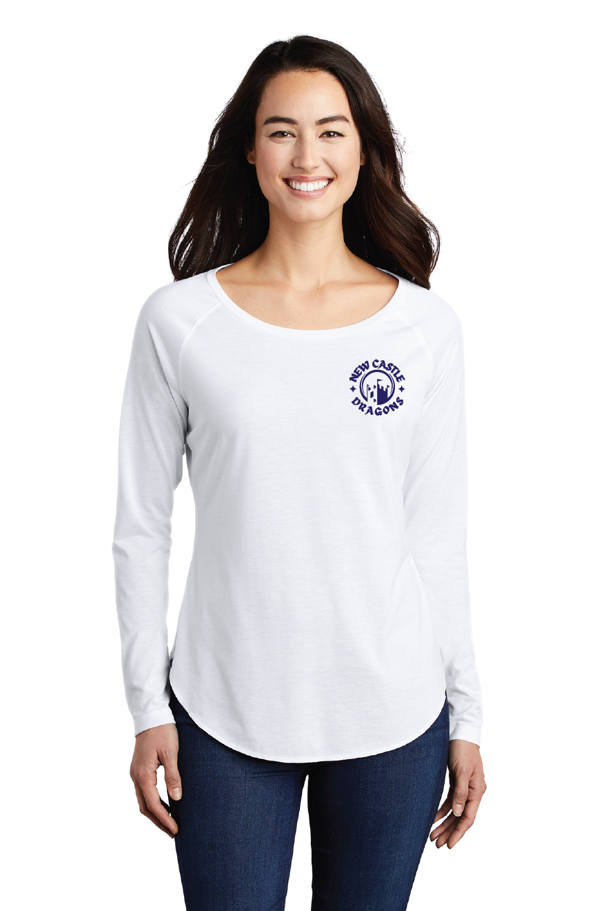 Ladies Long Sleeve Tri-Blend Wicking Scoop Neck Raglan Tee / White / New Castle Elementary School Staff