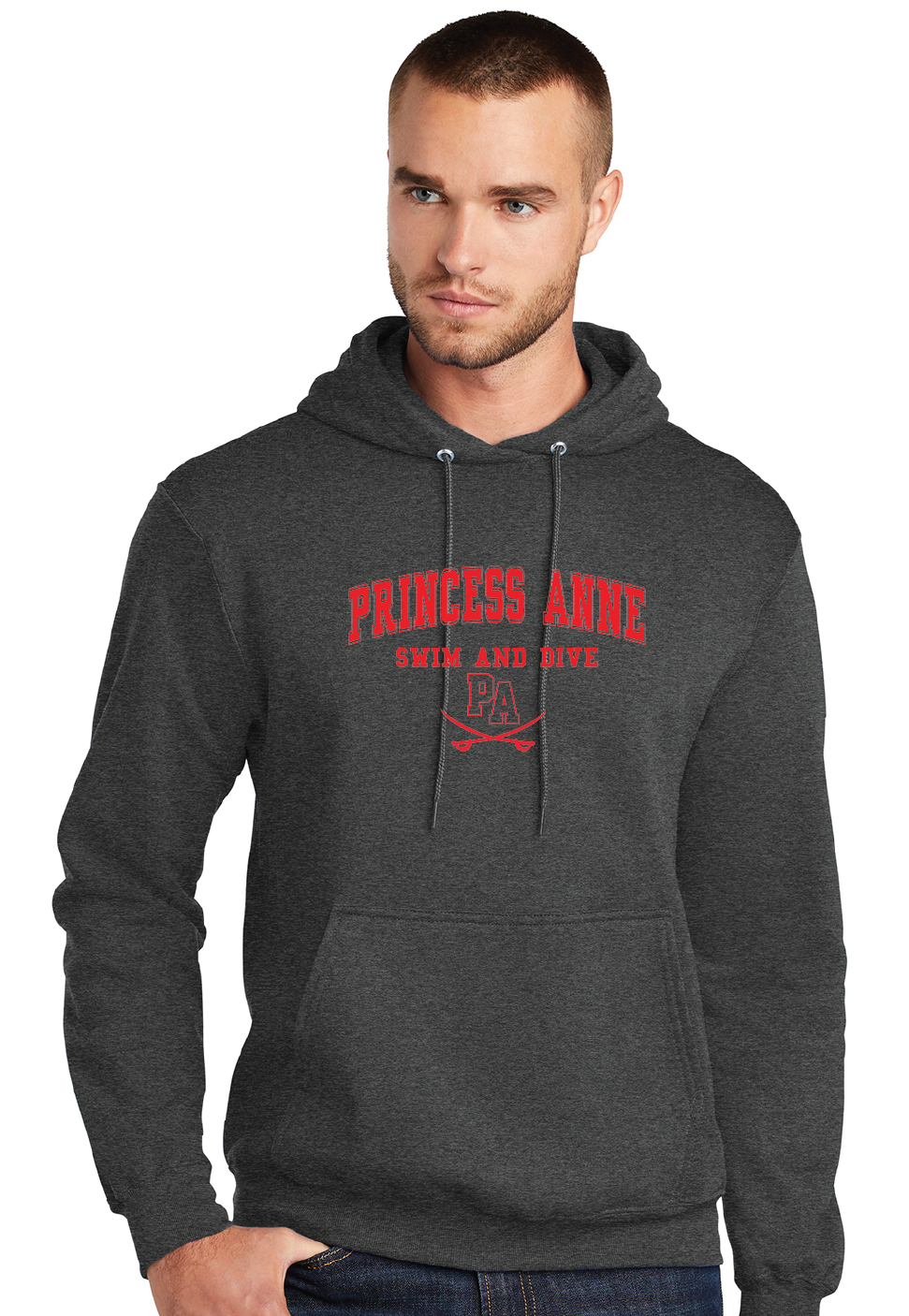 Core Fleece Pullover Hooded Sweatshirt / Dark Heather Grey / Princess Anne High School Swim and Dive