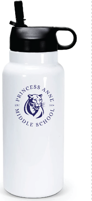 32oz Stainless Steel Water Bottle / White / Princess Anne Middle School Staff