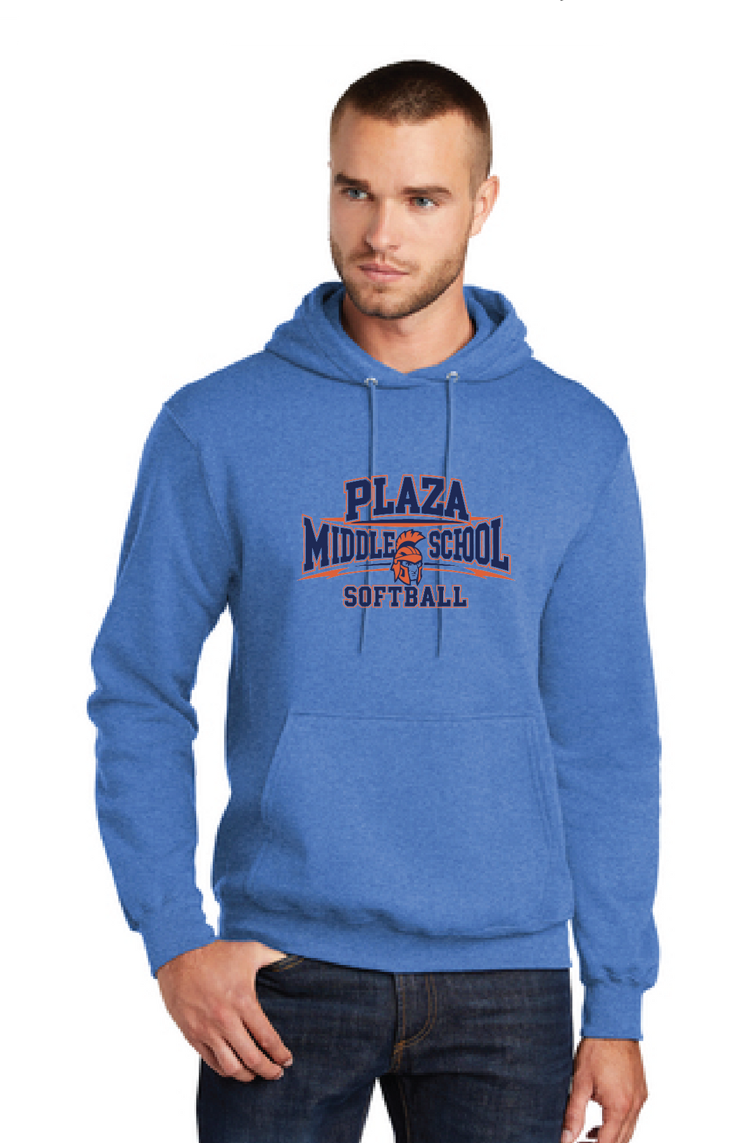 Fleece Pullover Hooded Sweatshirt / Heather Royal  / Plaza Middle School Softball