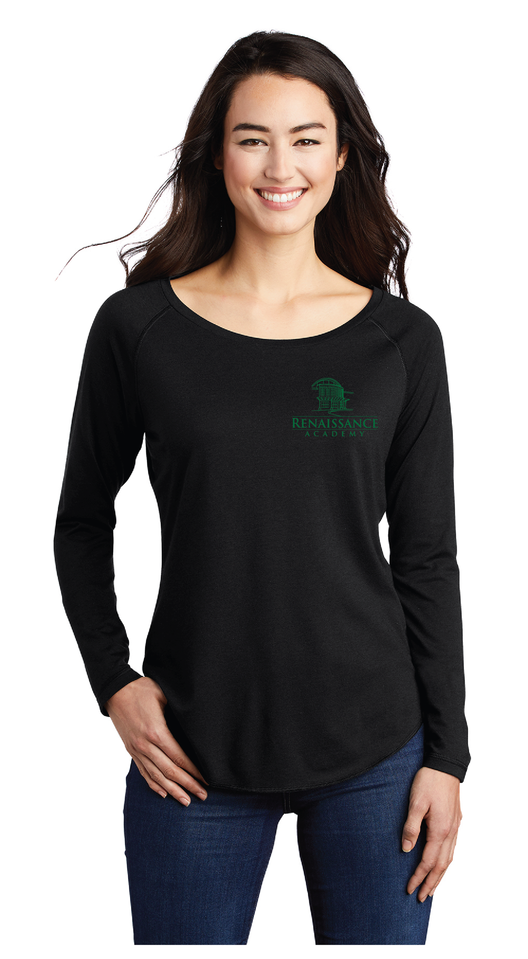 Ladies Long Sleeve Tri-Blend Wicking Scoop Neck Raglan Tee / Black / Renaissance Academy