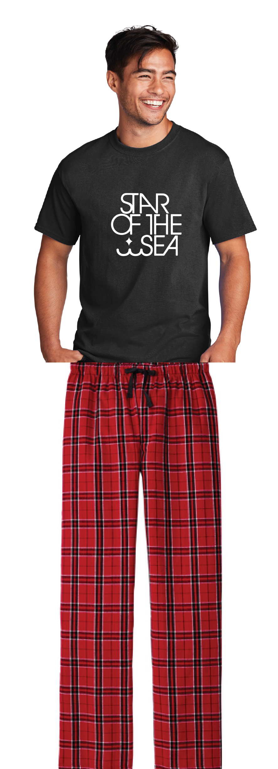 Cotton Tee and Flannel Pants Pajamas (Youth & Adult) / Black / Red & Black Buffalo / Star of The Sea