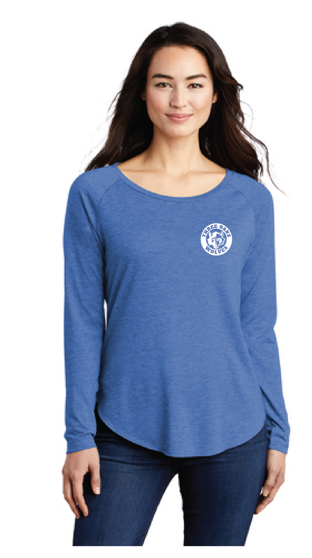 Ladies Long Sleeve Tri-Blend Wicking Scoop Neck Raglan Tee / Royal Heather / Three Oaks Elementary School Staff