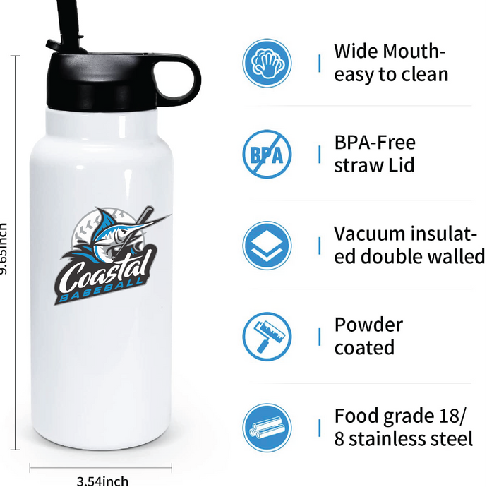 30oz Stainless Steel Water Bottle / White / Coastal Baseball