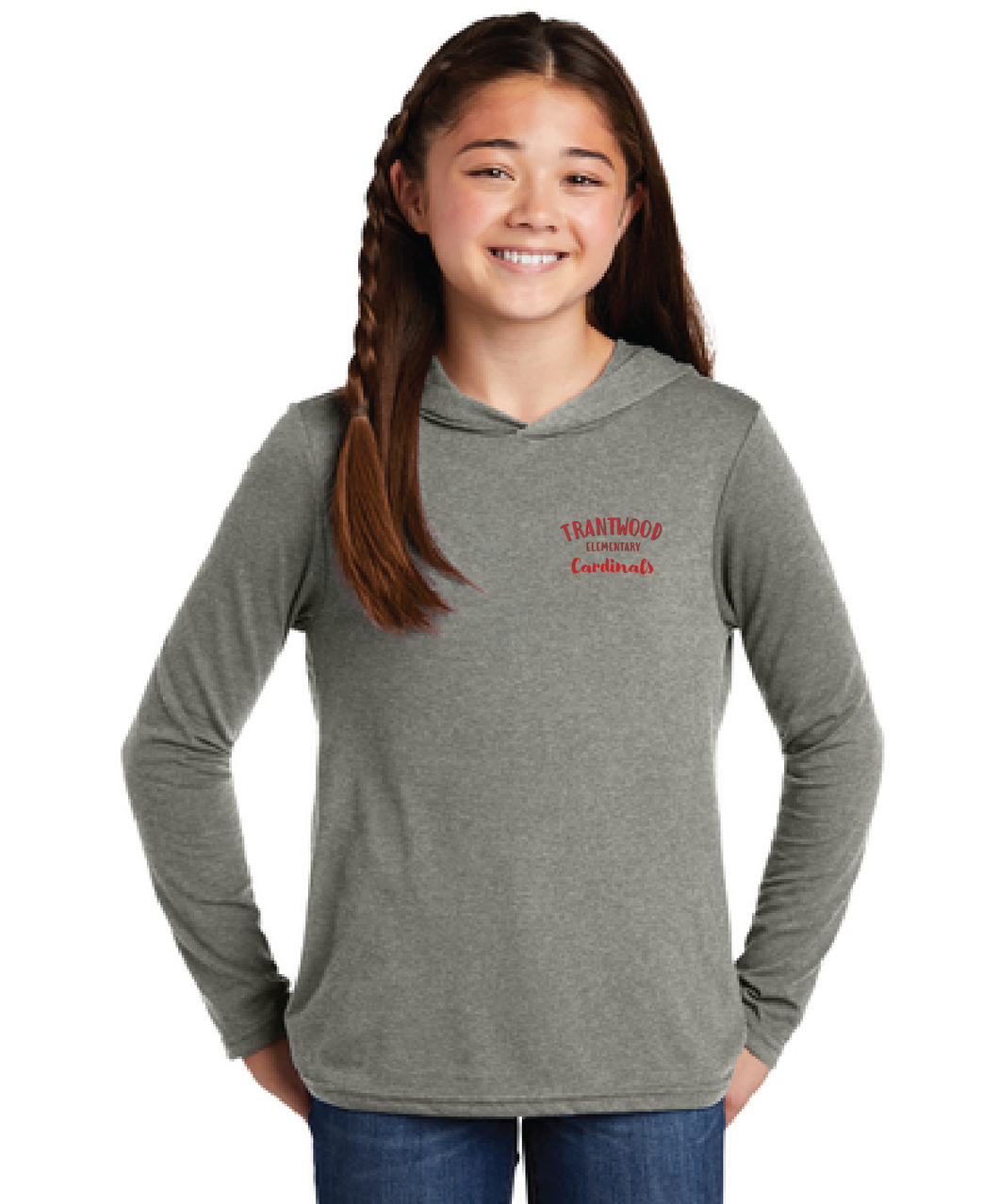 Perfect Triblend Long Sleeve Hoodie (Youth) / Heather Grey / Trantwood Elementary