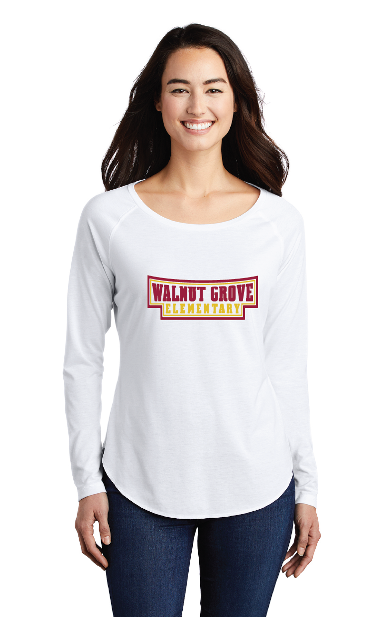 Ladies Long Sleeve Tri-Blend Wicking Scoop Neck Raglan Tee / White / Walnut Grove Elementary School Staff