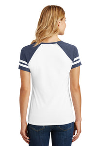 Women’s Game V-Neck Tee / White and Heathered True Navy / Tidewater Drillers - Fidgety
