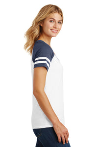 Game Day V-Neck T-Shirt / White & Navy / Tridents - Fidgety