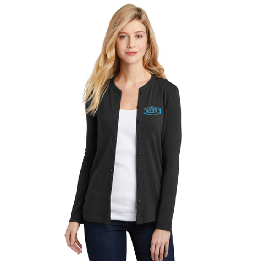 Ladies Stretch Button-Front Cardigan / Black / Alanton Elementary School