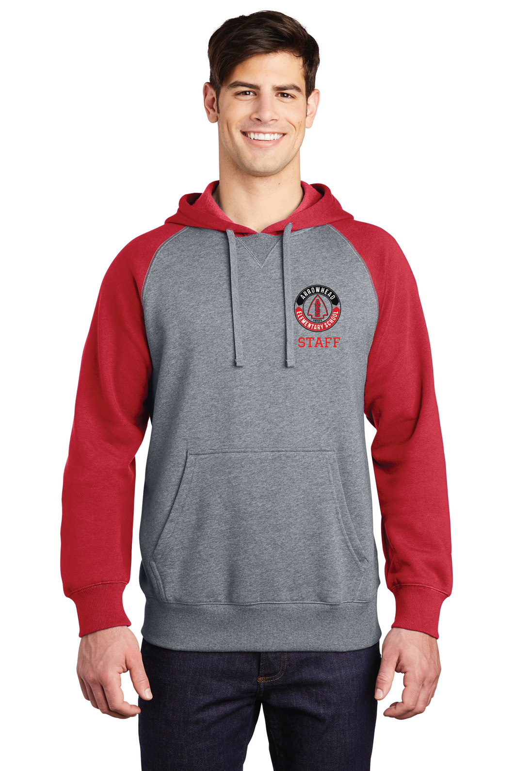 Raglan Colorblock Pullover Hooded Sweatshirt / Red / Arrowhead Elementary Staff