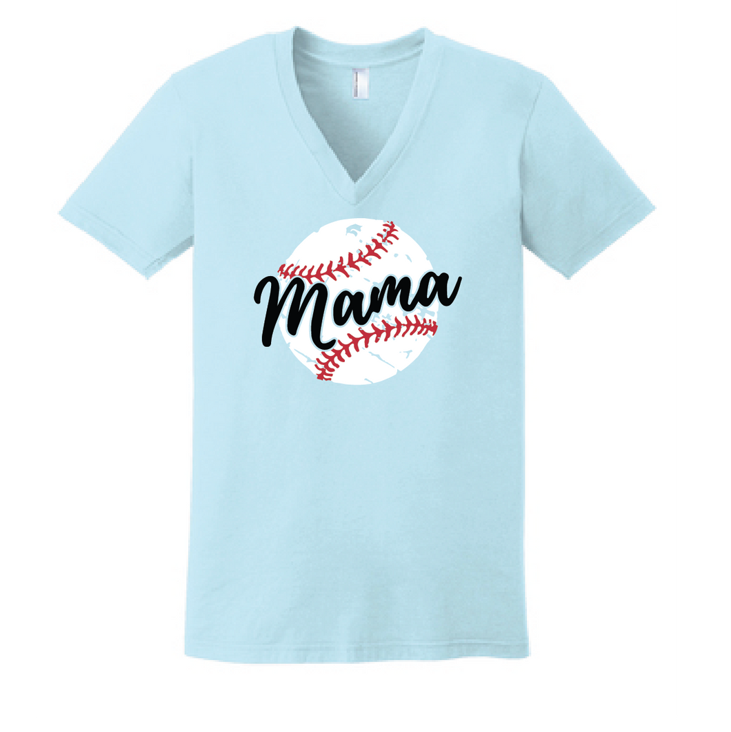 Baseball Mama Fine Jersey V-Neck T-Shirt  / Light Blue / Fidgety - Fidgety
