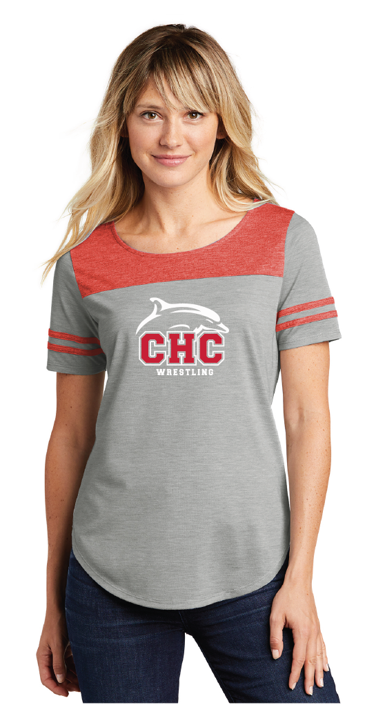 Ladies Tri-Blend Wicking Fan Tee / Red/Grey Heather  / Cape Henry Collegiate Wrestling