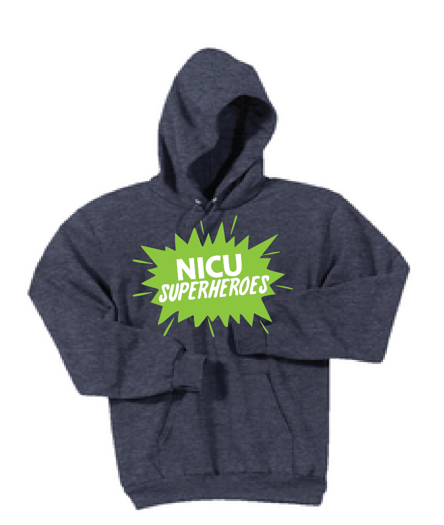 NICU Superhero Fleece Hooded Sweatshirt / Heather Navy Blue / CHKD NICU - Fidgety