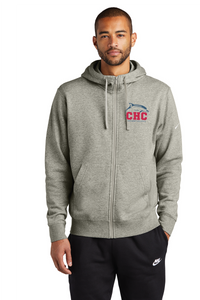 Nike Club Fleece Sleeve Swoosh Full-Zip Hoodie / Dark Grey Heather / Cape Henry Collegiate