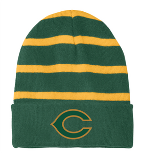 Striped Beanie with Solid Band / Forest Green & Gold / Cox High School Swim & Dive Team