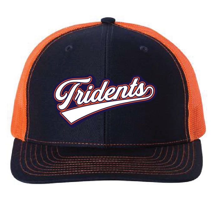 Adjustable Snapback Trucker Cap / Navy & Orange / Great Neck Tridents