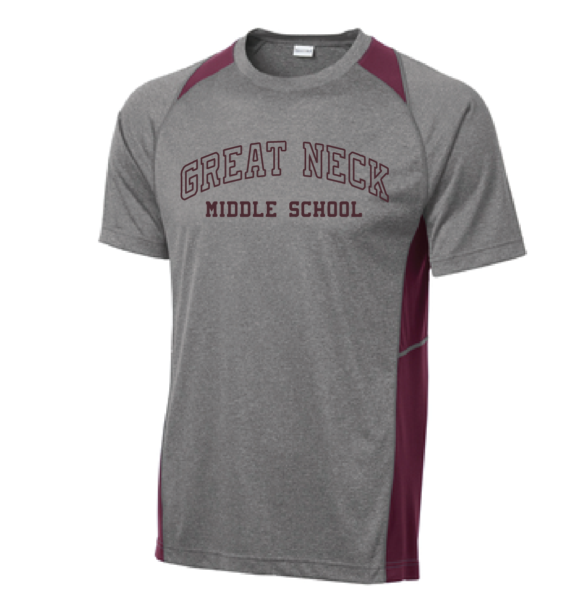 Heather Colorblock Performance Tee / Heather Grey and Maroon / Great Neck Middle School