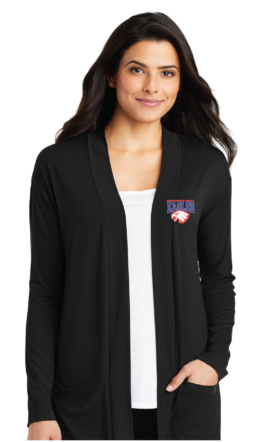 Ladies Concept Long Pocket Cardigan / Black / Independence Middle School Staff