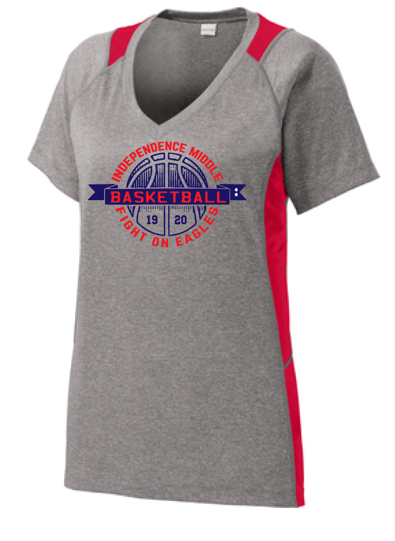 Ladies Heather Performance V-Neck Tee/ Heather Gray & Red / Independence Girls Basketball