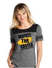 Ladies Tri-Blend Wicking Fan Tee / Black&  Dark Grey Heather / Protect The Castle / Kellam High School