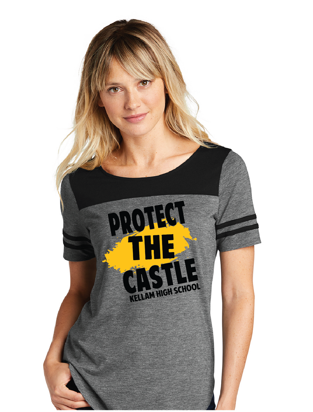 Ladies Tri-Blend Wicking Fan Tee / Black&  Dark Grey Heather / Protect The Castle / Kellam High School