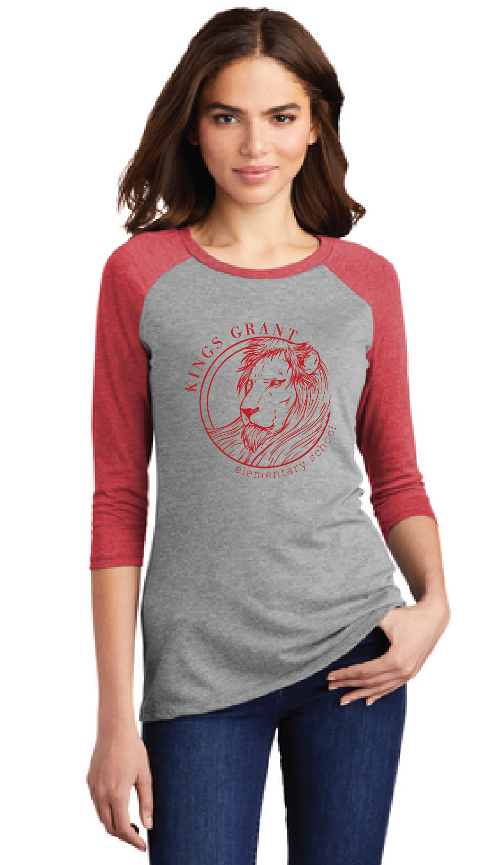 Women’s Triblend 3/4-Sleeve Raglan / Heather Grey & Red / Kings Grant Elementary Staff