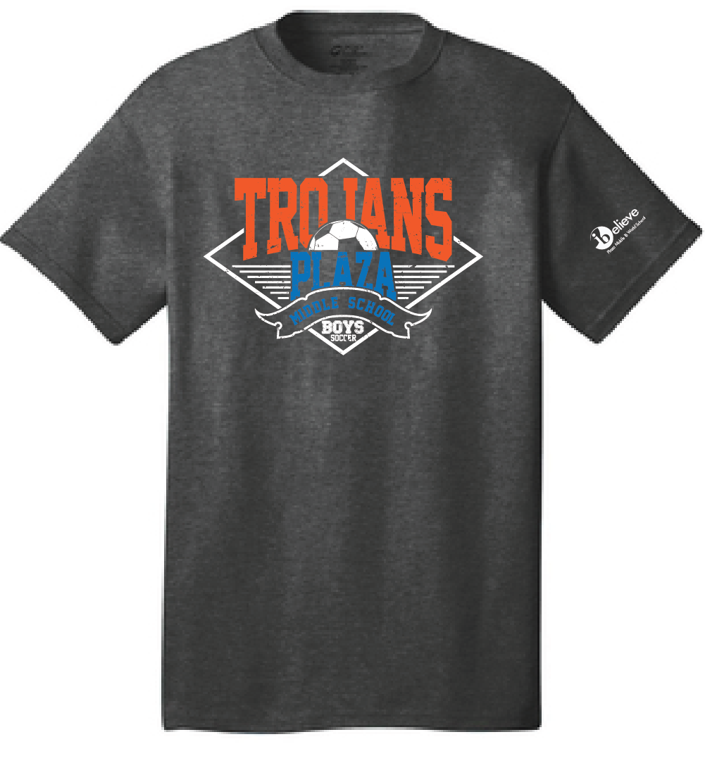 Trojans Boys Soccer Short Sleeve T-Shirt / Dark Heather Gray / Plaza Soccer - Fidgety