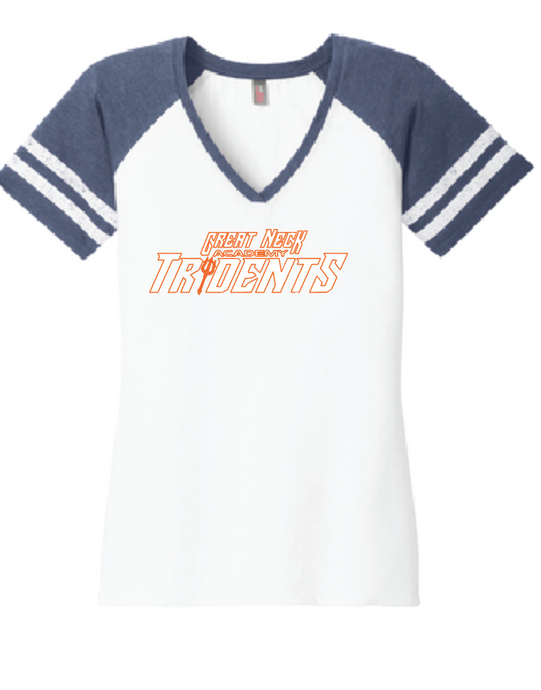 Game Day V-Neck T-Shirt / White & Navy / Tridents