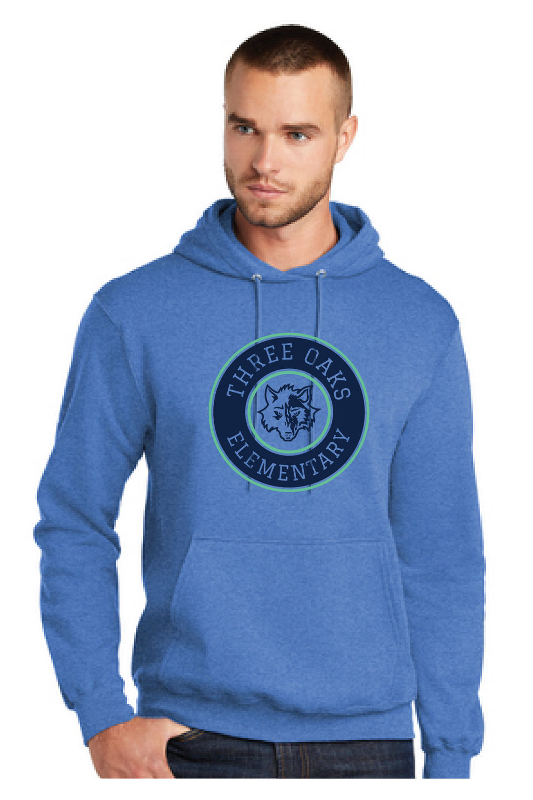 Fleece Pullover Hooded Sweatshirt (Youth & Adult) / Heather Royal / Three Oaks Elementary