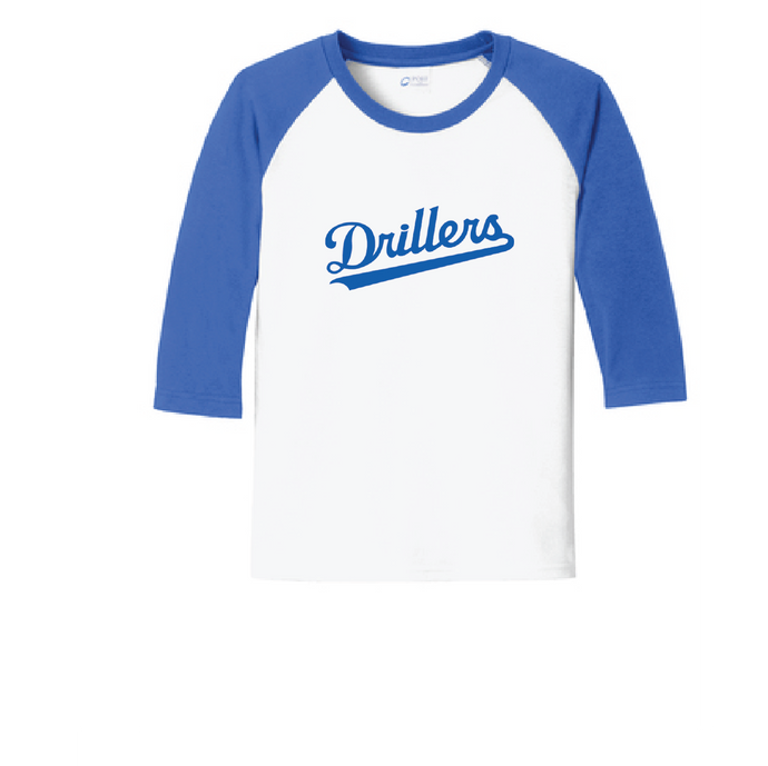 Core Blend 3/4-Sleeve Raglan Tee / White and Royal / Tidewater Drillers - Fidgety