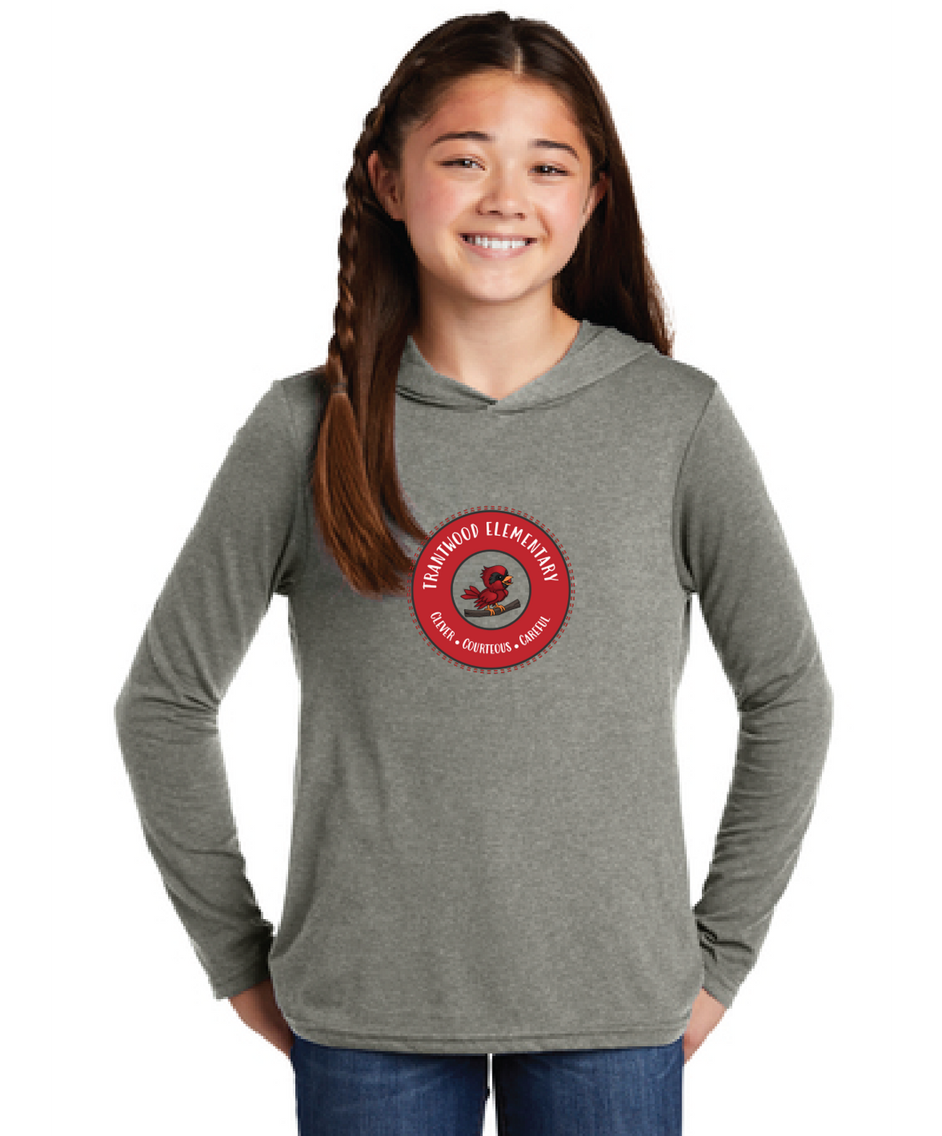 Perfect Triblend Long Sleeve Hoodie (Youth) / Heather Grey / Trantwood Elementary