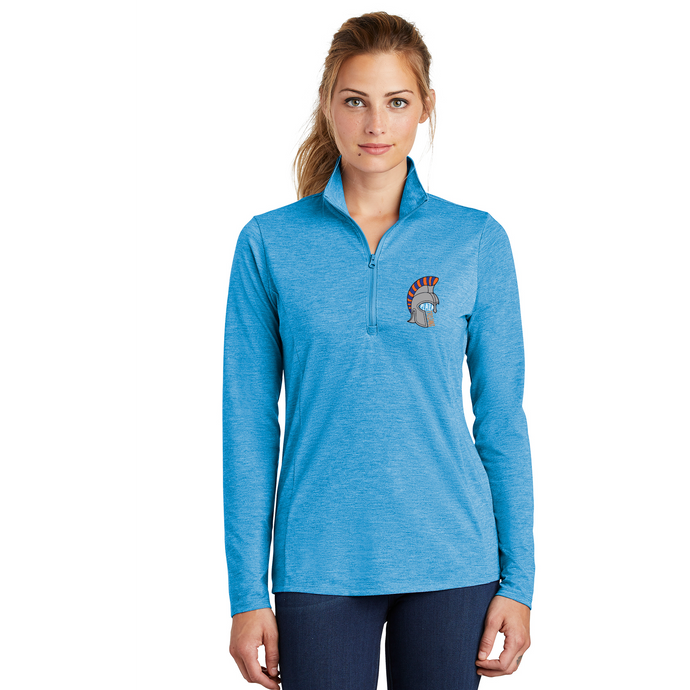 Ladies PosiCharge Tri-Blend Wicking 1/4-Zip Pullover / Pond Blue Heather / Plaza Middle School Staff